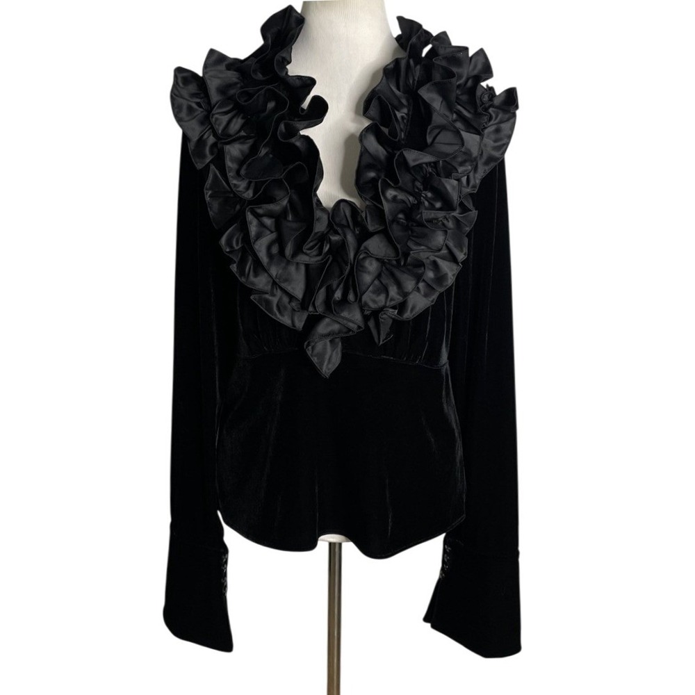 Vtg Black Velvet Blouse Top Victorian Steampunk Romantic Ruffles Bell Sleeves L